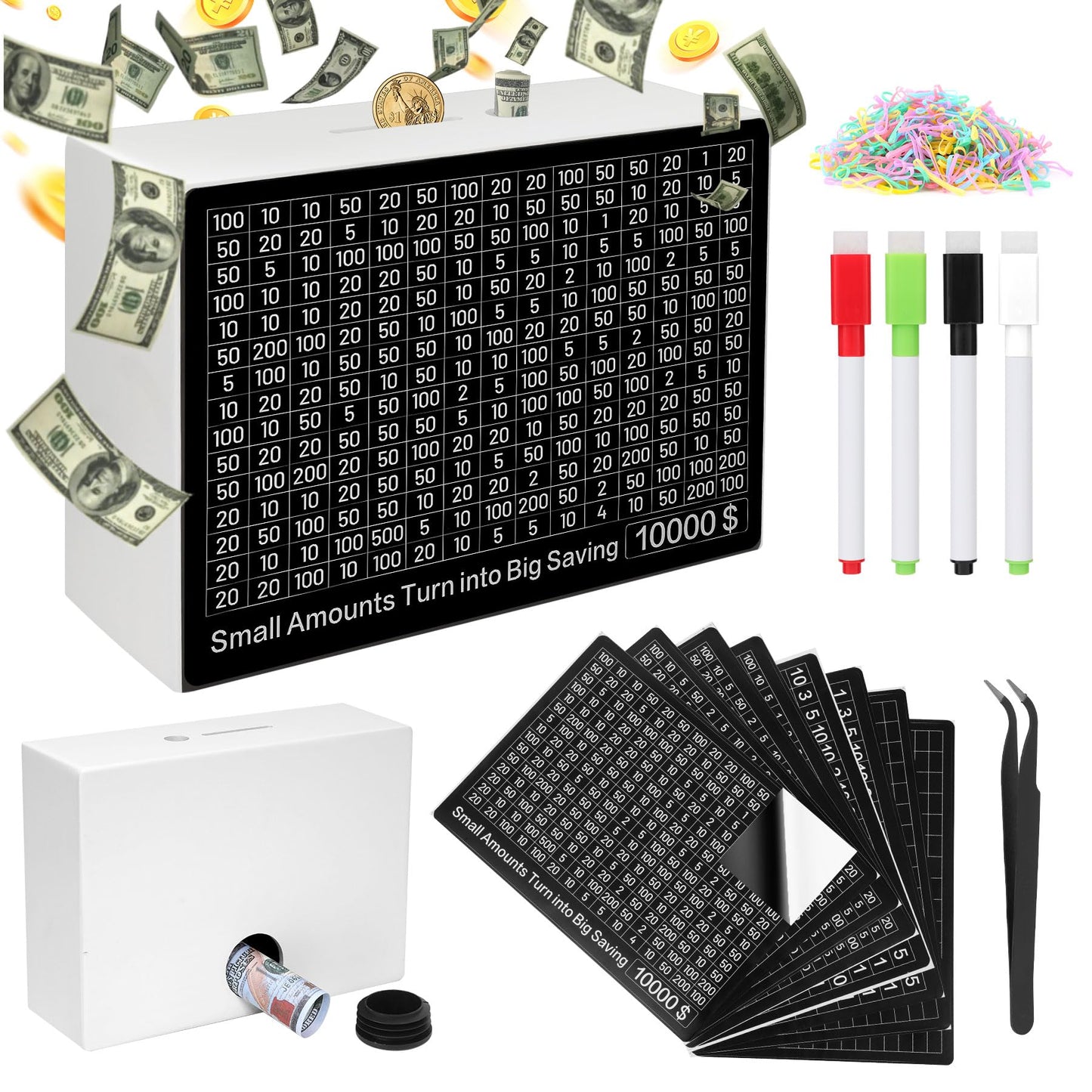 Cash Vault Wooden Savings Box 10000 and Multiple Savings Goals Larger Money Box Challenge Caja De Ahorros Piggy Bank for Adults Reusable Coin Bank with Dry Erase Pen/Savings Trackers/Rubber Band-White