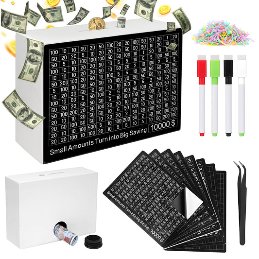 Cash Vault Wooden Savings Box 10000 and Multiple Savings Goals Larger Money Box Challenge Caja De Ahorros Piggy Bank for Adults Reusable Coin Bank with Dry Erase Pen/Savings Trackers/Rubber Band-White