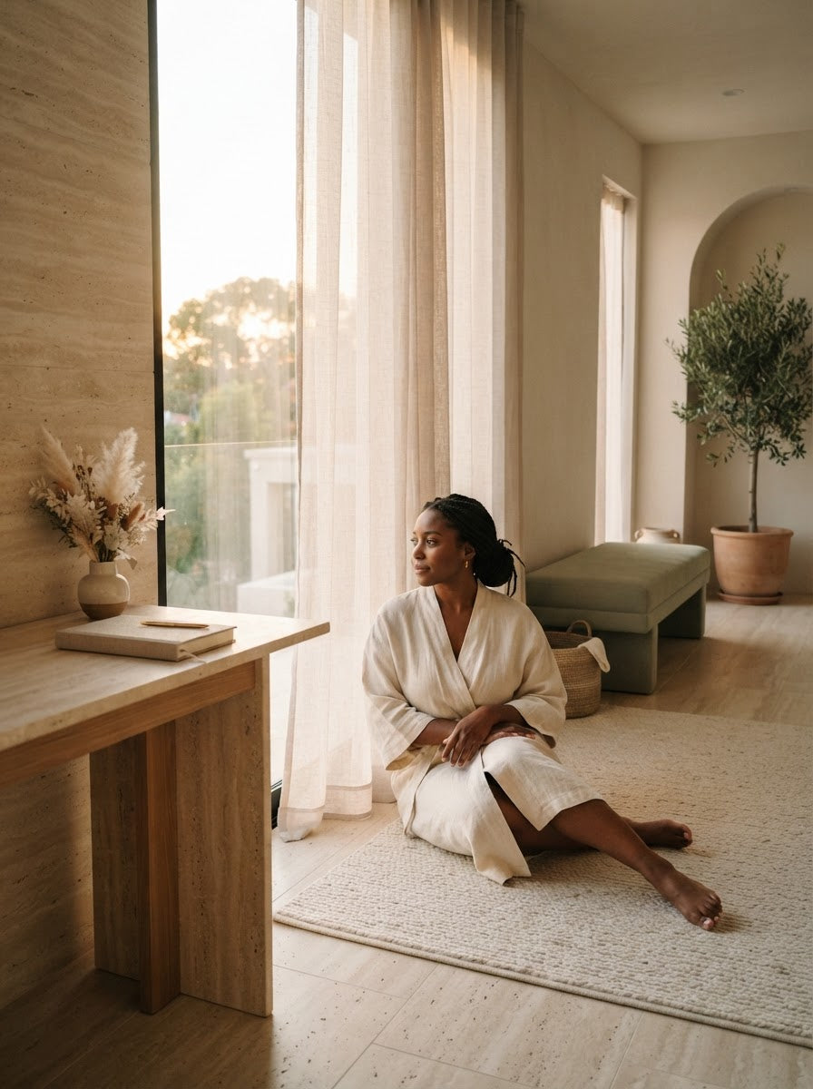 Woman in a cream linen robe beside a softly lit window in a serene warm-neutral interior