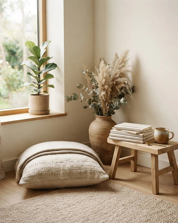 A serene, sunlit reading corner in warm neutral tones